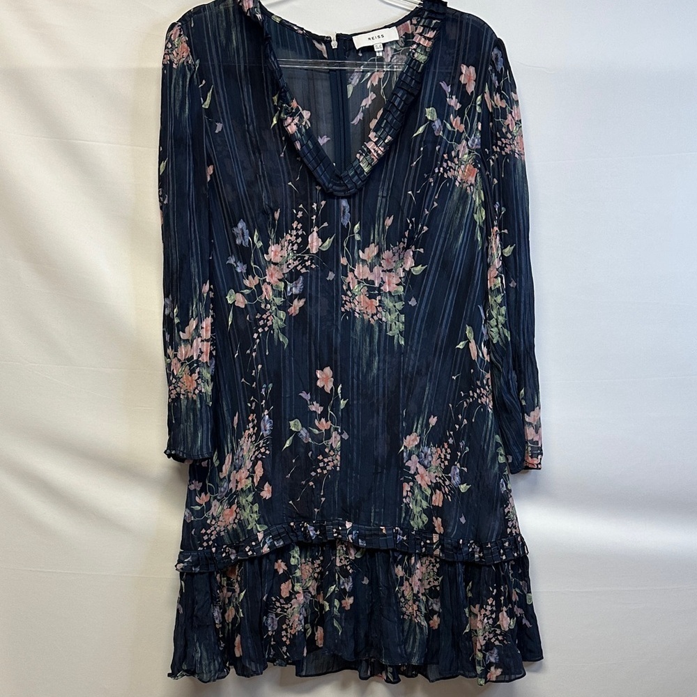 Reiss Shannon Floral Printed Mini Dress Navy Blue Ruffle Hem Size 10